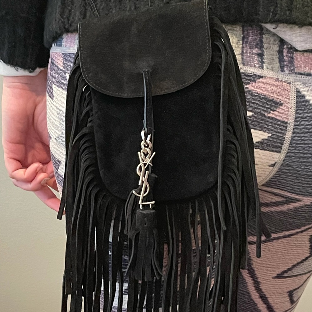 YSL pouch mono fringe suede black mini bag